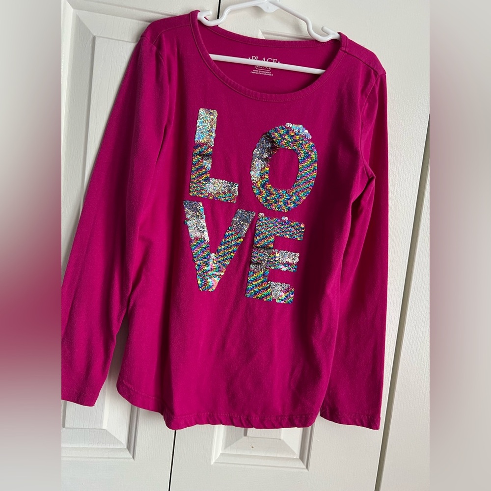 Place Long Sleeved Rainbow Sequin Love Graphic Tee Shirt Size 7 GUC